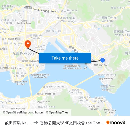 啟田商場 Kai Tin Shopping Centre to 香港公開大學 何文田校舍 the Open University Of Hong Kong Ho Man Tin Campus map