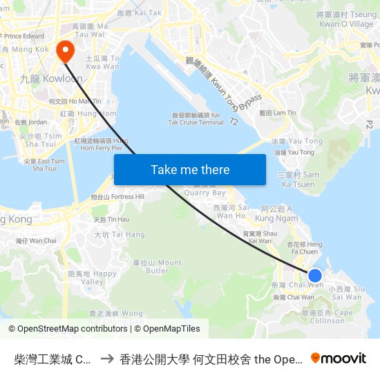 柴灣工業城 Chai Wan Industrial City to 香港公開大學 何文田校舍 the Open University Of Hong Kong Ho Man Tin Campus map