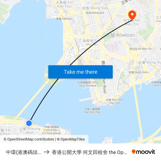 中環(港澳碼頭) Central (Macau Ferry) to 香港公開大學 何文田校舍 the Open University Of Hong Kong Ho Man Tin Campus map