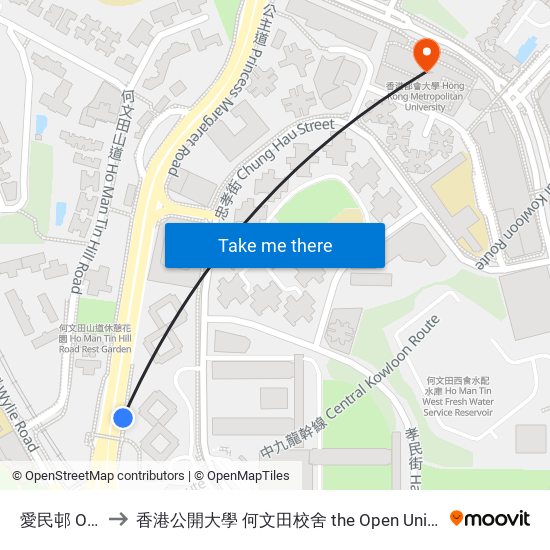 愛民邨 Oi Man Estate to 香港公開大學 何文田校舍 the Open University Of Hong Kong Ho Man Tin Campus map