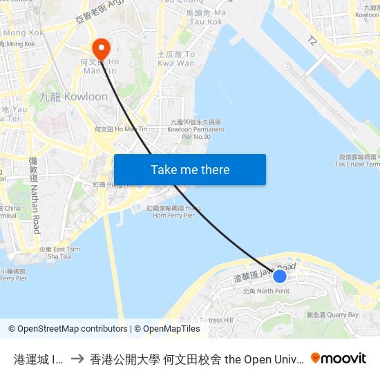 港運城 Island Place to 香港公開大學 何文田校舍 the Open University Of Hong Kong Ho Man Tin Campus map
