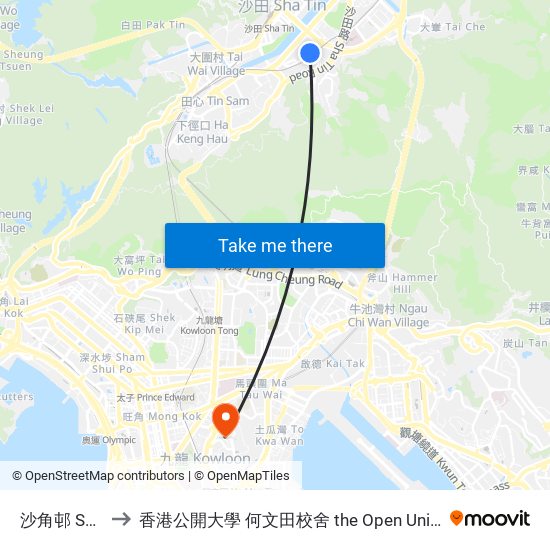 沙角邨 Sha Kok Estate to 香港公開大學 何文田校舍 the Open University Of Hong Kong Ho Man Tin Campus map