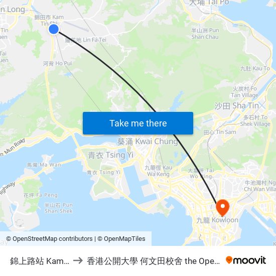 錦上路站 Kam Sheung Road Station to 香港公開大學 何文田校舍 the Open University Of Hong Kong Ho Man Tin Campus map