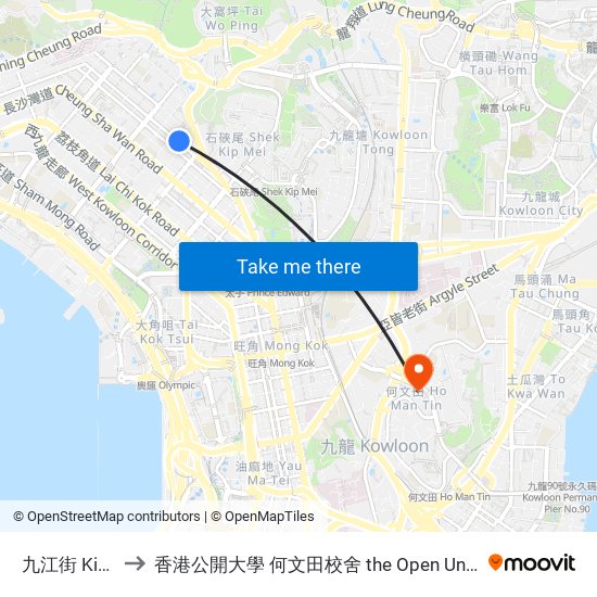 九江街 Kiu Kiang Street to 香港公開大學 何文田校舍 the Open University Of Hong Kong Ho Man Tin Campus map