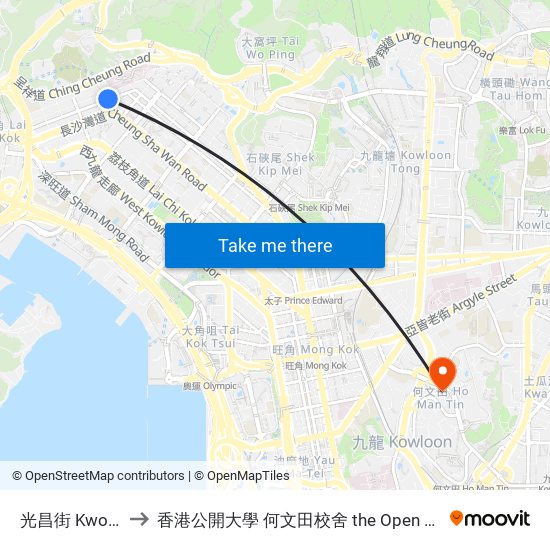 光昌街 Kwong Cheung Street to 香港公開大學 何文田校舍 the Open University Of Hong Kong Ho Man Tin Campus map