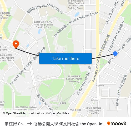 浙江街 Chi Kiang Street to 香港公開大學 何文田校舍 the Open University Of Hong Kong Ho Man Tin Campus map