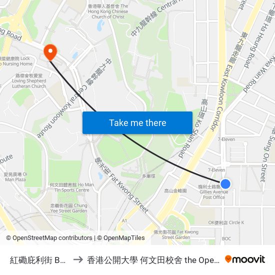 紅磡庇利街 Bailey Street Hung Hom to 香港公開大學 何文田校舍 the Open University Of Hong Kong Ho Man Tin Campus map