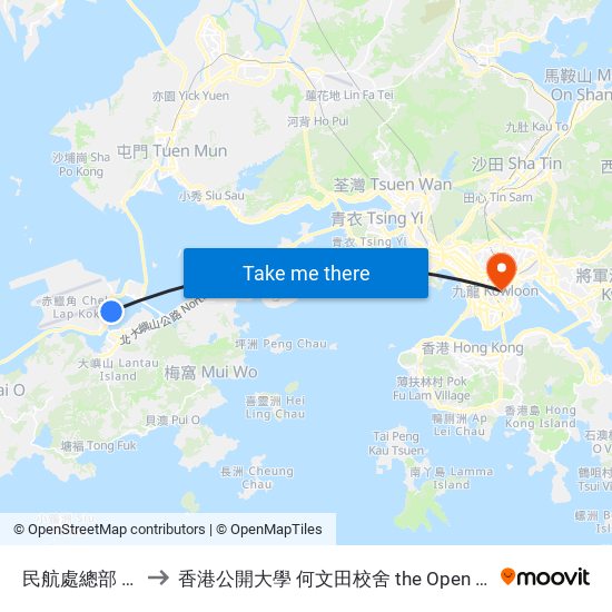 民航處總部 Cad Headquarters to 香港公開大學 何文田校舍 the Open University Of Hong Kong Ho Man Tin Campus map