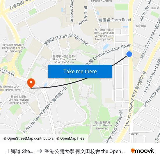 上鄉道 Sheung Heung Road to 香港公開大學 何文田校舍 the Open University Of Hong Kong Ho Man Tin Campus map