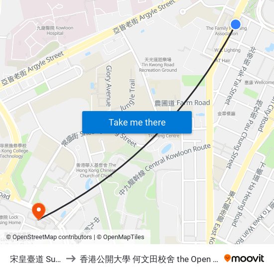 宋皇臺道 Sung Wong Toi Road to 香港公開大學 何文田校舍 the Open University Of Hong Kong Ho Man Tin Campus map