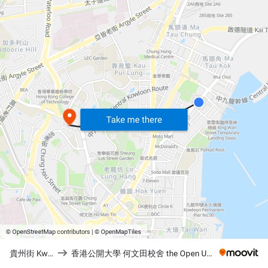 貴州街 Kwei Chow Street to 香港公開大學 何文田校舍 the Open University Of Hong Kong Ho Man Tin Campus map