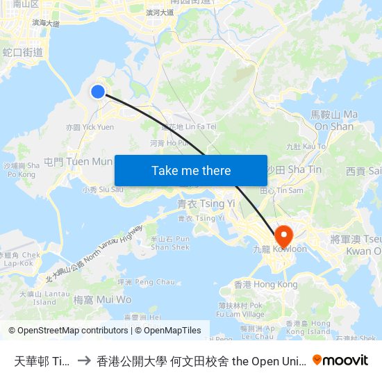 天華邨 Tin Wah Estate to 香港公開大學 何文田校舍 the Open University Of Hong Kong Ho Man Tin Campus map