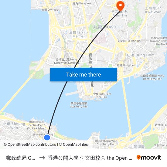 郵政總局 General Post Office to 香港公開大學 何文田校舍 the Open University Of Hong Kong Ho Man Tin Campus map