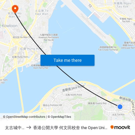 太古城中心 Cityplaza to 香港公開大學 何文田校舍 the Open University Of Hong Kong Ho Man Tin Campus map