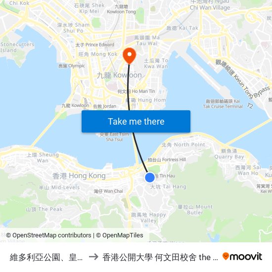 維多利亞公園、皇室堡 Victoria Park, Windsor House to 香港公開大學 何文田校舍 the Open University Of Hong Kong Ho Man Tin Campus map