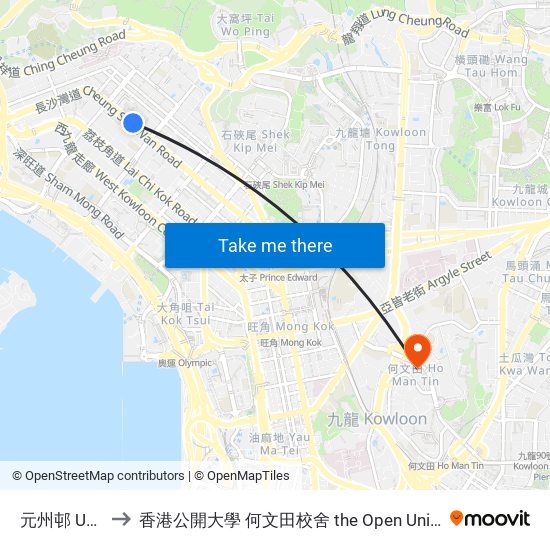 元州邨 Un Chau Estate to 香港公開大學 何文田校舍 the Open University Of Hong Kong Ho Man Tin Campus map