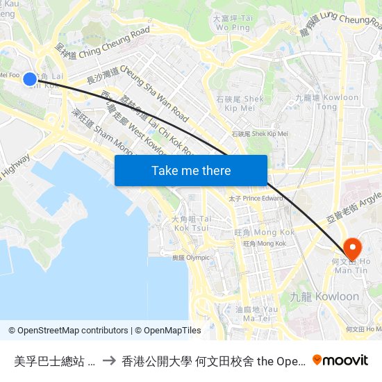 美孚巴士總站 Mei Foo Bus Terminus to 香港公開大學 何文田校舍 the Open University Of Hong Kong Ho Man Tin Campus map