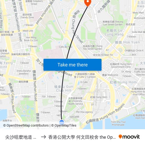 尖沙咀麼地道 Mody Road Tsim Sha Tsui to 香港公開大學 何文田校舍 the Open University Of Hong Kong Ho Man Tin Campus map