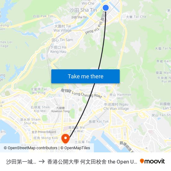 沙田第一城 City One Shatin to 香港公開大學 何文田校舍 the Open University Of Hong Kong Ho Man Tin Campus map
