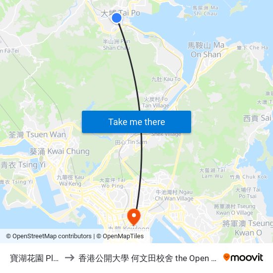 寶湖花園 Plover Cove Garden to 香港公開大學 何文田校舍 the Open University Of Hong Kong Ho Man Tin Campus map