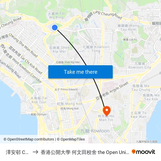 澤安邨 Chak on Estate to 香港公開大學 何文田校舍 the Open University Of Hong Kong Ho Man Tin Campus map