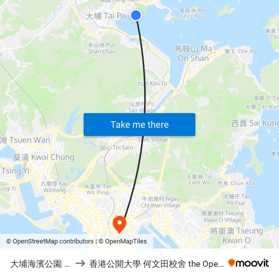 大埔海濱公園 Tai Po Waterfront Park to 香港公開大學 何文田校舍 the Open University Of Hong Kong Ho Man Tin Campus map