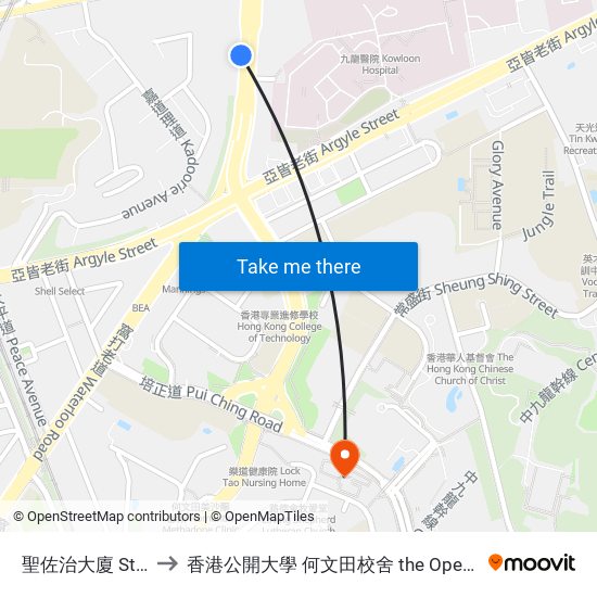 聖佐治大廈 St. George Apartments to 香港公開大學 何文田校舍 the Open University Of Hong Kong Ho Man Tin Campus map
