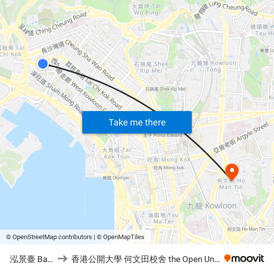 泓景臺 Banyan Gardens to 香港公開大學 何文田校舍 the Open University Of Hong Kong Ho Man Tin Campus map