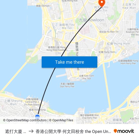 遮打大廈 Chater House to 香港公開大學 何文田校舍 the Open University Of Hong Kong Ho Man Tin Campus map