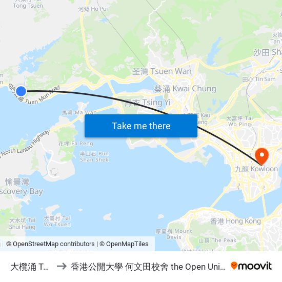 大欖涌 Tai Lam Chung to 香港公開大學 何文田校舍 the Open University Of Hong Kong Ho Man Tin Campus map
