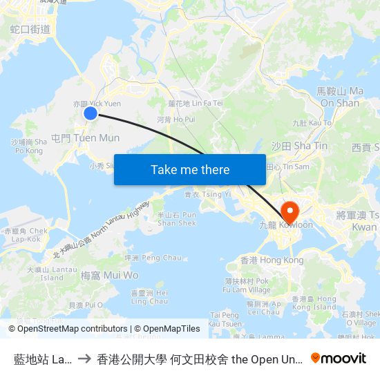 藍地站 Lam Tei  Station to 香港公開大學 何文田校舍 the Open University Of Hong Kong Ho Man Tin Campus map
