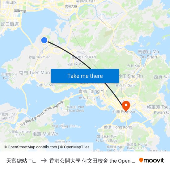 天富總站 Tin Fu Bus Terminus to 香港公開大學 何文田校舍 the Open University Of Hong Kong Ho Man Tin Campus map