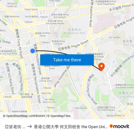 亞皆老街 Argyle Street to 香港公開大學 何文田校舍 the Open University Of Hong Kong Ho Man Tin Campus map