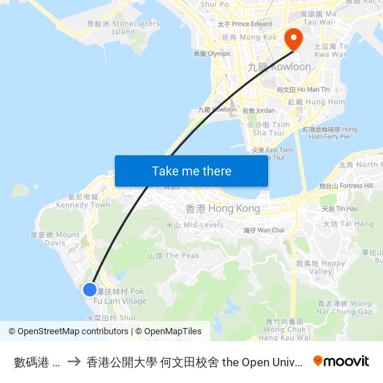 數碼港 Cyberport to 香港公開大學 何文田校舍 the Open University Of Hong Kong Ho Man Tin Campus map