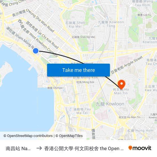 南昌站 Nam Cheong Station to 香港公開大學 何文田校舍 the Open University Of Hong Kong Ho Man Tin Campus map