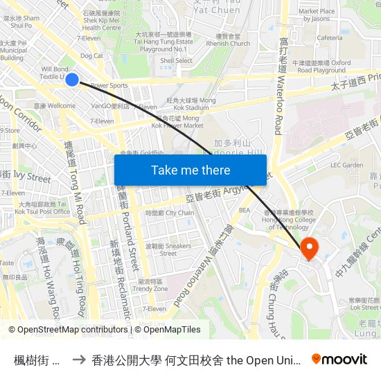 楓樹街 Maple Street to 香港公開大學 何文田校舍 the Open University Of Hong Kong Ho Man Tin Campus map