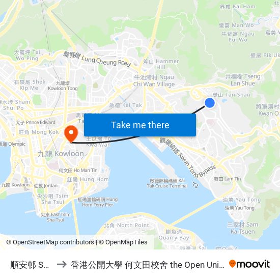 順安邨 Shun on Estate to 香港公開大學 何文田校舍 the Open University Of Hong Kong Ho Man Tin Campus map