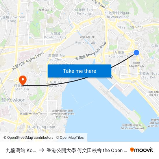 九龍灣站 Kowloon Bay Station to 香港公開大學 何文田校舍 the Open University Of Hong Kong Ho Man Tin Campus map