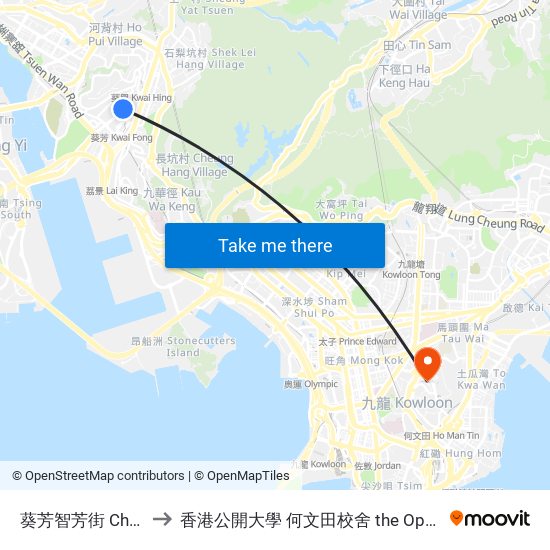 葵芳智芳街 Che Fong Street Kwai Fong to 香港公開大學 何文田校舍 the Open University Of Hong Kong Ho Man Tin Campus map