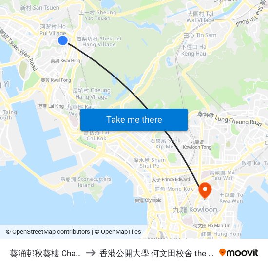 葵涌邨秋葵樓 Chau Kwai House Kwai Chung Estate to 香港公開大學 何文田校舍 the Open University Of Hong Kong Ho Man Tin Campus map