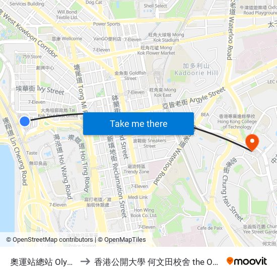 奧運站總站 Olympic Station Bus Terminus to 香港公開大學 何文田校舍 the Open University Of Hong Kong Ho Man Tin Campus map