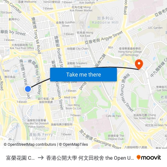 富榮花園 Charming Garden to 香港公開大學 何文田校舍 the Open University Of Hong Kong Ho Man Tin Campus map