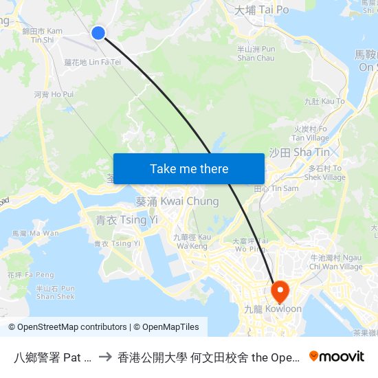 八鄉警署 Pat Heung Police Station to 香港公開大學 何文田校舍 the Open University Of Hong Kong Ho Man Tin Campus map