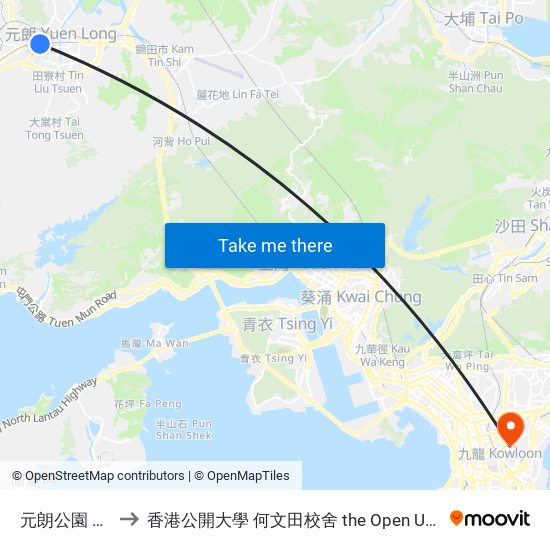 元朗公園 Yuen Long Park to 香港公開大學 何文田校舍 the Open University Of Hong Kong Ho Man Tin Campus map