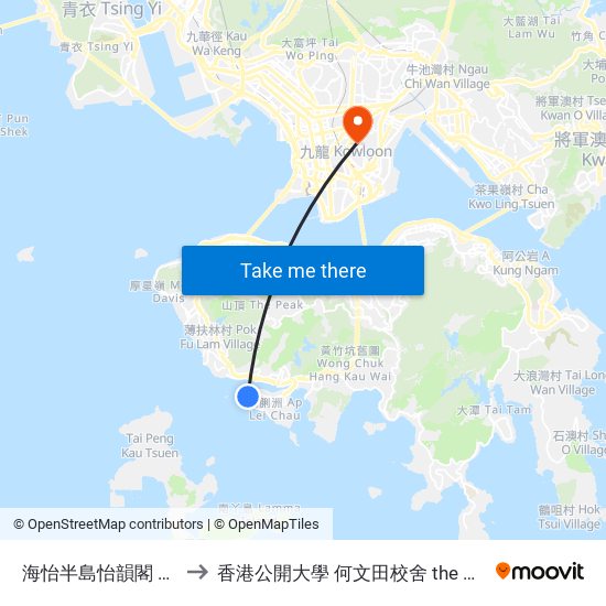 海怡半島怡韻閣 Yee Wan Court South Horizons to 香港公開大學 何文田校舍 the Open University Of Hong Kong Ho Man Tin Campus map