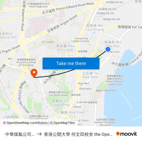 中華煤氣公司 China Gas Company to 香港公開大學 何文田校舍 the Open University Of Hong Kong Ho Man Tin Campus map