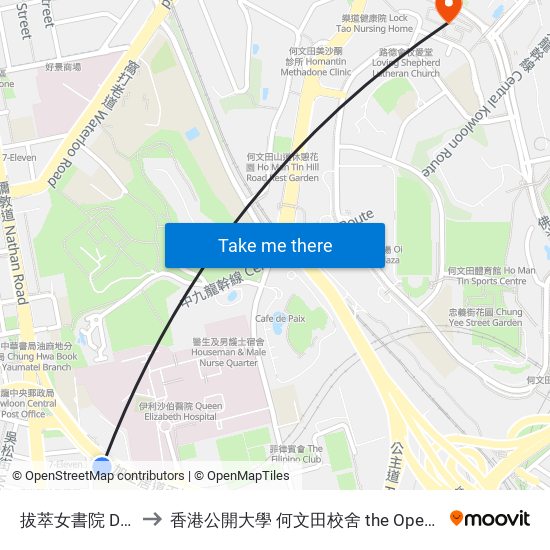 拔萃女書院 Diocesan Girls' School to 香港公開大學 何文田校舍 the Open University Of Hong Kong Ho Man Tin Campus map