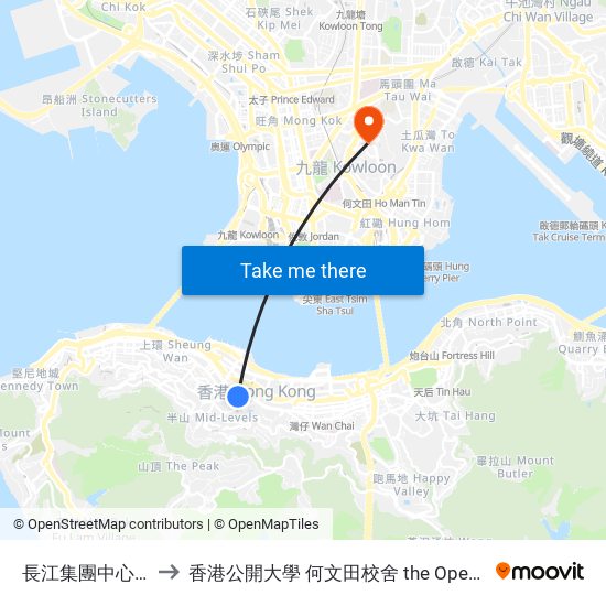 長江集團中心 Cheung Kong Center to 香港公開大學 何文田校舍 the Open University Of Hong Kong Ho Man Tin Campus map