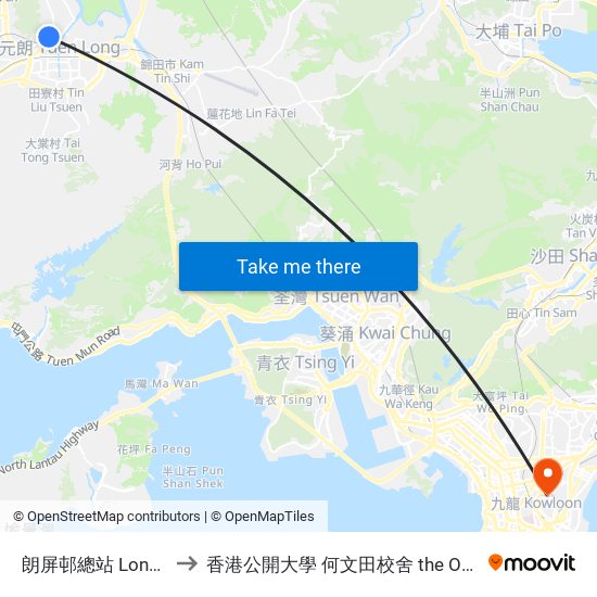 朗屏邨總站 Long Ping Estate Bus Terminus to 香港公開大學 何文田校舍 the Open University Of Hong Kong Ho Man Tin Campus map