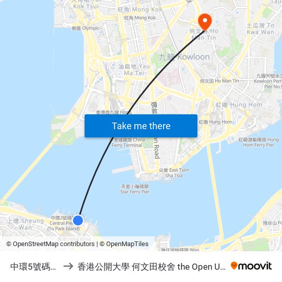 中環5號碼頭 Central Pier 5 to 香港公開大學 何文田校舍 the Open University Of Hong Kong Ho Man Tin Campus map